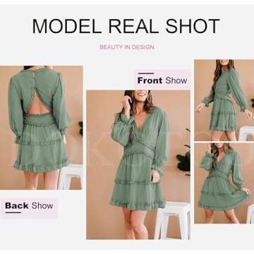 Dokotoo Womens Cute Summer Spring Casual Sexy Polka Dot Deep V Neck Ruffle Chiffon Lantern Long Sleeve Elegant Boho Hawaiian Flowy Mini Short Skirt Dresses for Women Party Party 2024 Green Small