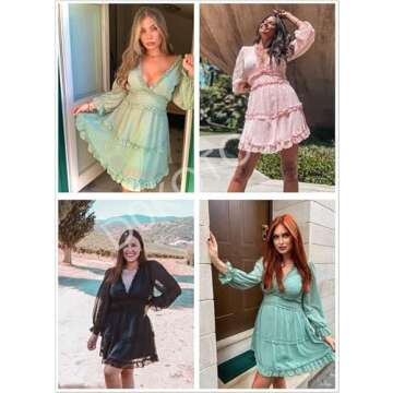 Dokotoo Womens Cute Summer Spring Casual Sexy Polka Dot Deep V Neck Ruffle Chiffon Lantern Long Sleeve Elegant Boho Hawaiian Flowy Mini Short Skirt Dresses for Women Party Party 2024 Green Small