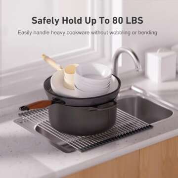 EMBATHER Roll Up Dish Drying Rack Over The Sink, 20.8'' x 18.1'' Dish Drying Rack for Kitchen Counter, Multipurpose Silicone Wrapped Foldable Kitchen Drainer Rack, Anti-Slip, Black