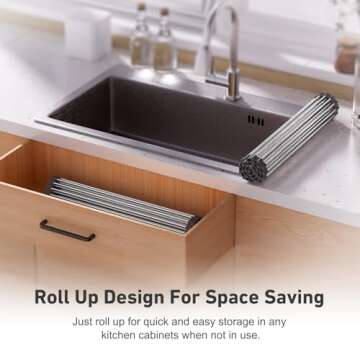 EMBATHER Roll Up Dish Drying Rack Over The Sink, 20.8'' x 18.1'' Dish Drying Rack for Kitchen Counter, Multipurpose Silicone Wrapped Foldable Kitchen Drainer Rack, Anti-Slip, Black