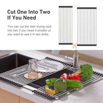 EMBATHER Roll Up Dish Drying Rack Over The Sink, 20.8'' x 18.1'' Dish Drying Rack for Kitchen Counter, Multipurpose Silicone Wrapped Foldable Kitchen Drainer Rack, Anti-Slip, Black