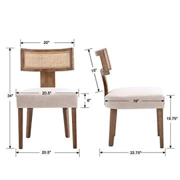 Wahson Farmhouse Dining Chairs Set of 2, Mid Century Modern Linen Upholstered Rattan Dining Chair wi...