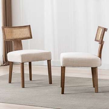 Wahson Farmhouse Dining Chairs Set of 2, Mid Century Modern Linen Upholstered Rattan Dining Chair with Natural Hardwood Legs, Cane Back Armless Dining Chairs for Kitchen, Beige