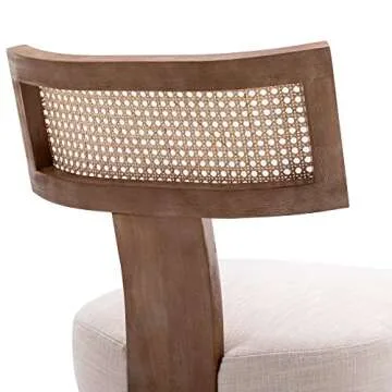 Wahson Farmhouse Dining Chairs Set of 2, Mid Century Modern Linen Upholstered Rattan Dining Chair with Natural Hardwood Legs, Cane Back Armless Dining Chairs for Kitchen, Beige