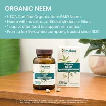 Himalaya Organic Neem Herbal Skin Supplement, Mild Acne Supplement, Clear Skin, Purifying, Ayurvedic, USDA Certified Organic, Non-GMO, Vegan, 600 mg, 60 Plant-Based Caplets, 60 Day Supply