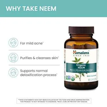 Himalaya Organic Neem Herbal Skin Supplement, Mild Acne Supplement, Clear Skin, Purifying, Ayurvedic, USDA Certified Organic, Non-GMO, Vegan, 600 mg, 60 Plant-Based Caplets, 60 Day Supply