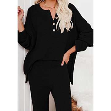 Pink Queen Women's 2 Piece Knit Sweatsuit Oversized Loose Pullover Sweater Top and Wide Leg Pants Outfit Set Black M