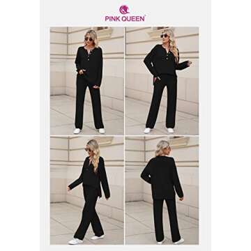 Pink Queen Women's 2 Piece Knit Sweatsuit Oversized Loose Pullover Sweater Top and Wide Leg Pants Outfit Set Black M
