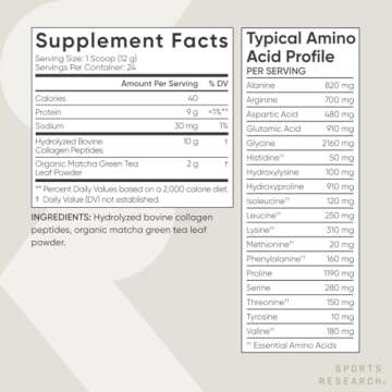 Sports Research Premium Collagen Peptides Powder and Organic Matcha Green Tea - Collagen Powder Protein Supplement with Japanese Matcha and Amino Acids - Gluten Free, Non-GMO, Sugar Free