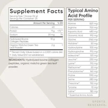 Sports Research Premium Collagen Peptides Powder and Organic Matcha Green Tea - Collagen Powder Protein Supplement with Japanese Matcha and Amino Acids - Gluten Free, Non-GMO, Sugar Free