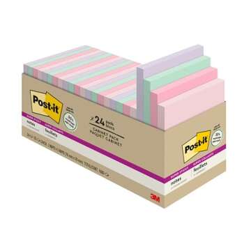 Post-it Super Sticky Recycled Notes, 3x3 in, 24 Pads, 2X The Sticking Power, Bali Collection, Pastel Colors (Lavender, Apricot, Blue, Pink, Mint), 30% Recycled Paper (654-24NH-CP)