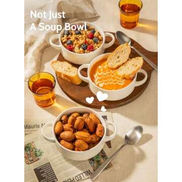 Sweese Porcelain Soup Bowls with Handles, 20 Ounce French Onion Soup Bowls, Stackable Serving Bowls for Chili, Beef Stew, Oven Microwave Dishwasher Safe, Set of 6, Gift, White