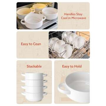 Sweese Porcelain Soup Bowls with Handles, 20 Ounce French Onion Soup Bowls, Stackable Serving Bowls for Chili, Beef Stew, Oven Microwave Dishwasher Safe, Set of 6, Gift, White