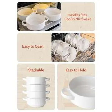 Sweese Porcelain Soup Bowls with Handles, 20 Ounce French Onion Soup Bowls, Stackable Serving Bowls for Chili, Beef Stew, Oven Microwave Dishwasher Safe, Set of 6, Gift, White