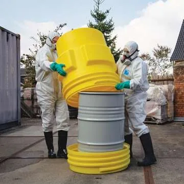 Eagle 95 Gallon Plastic Drum with Lid, Screw-On Lid, 41.3"x31", Overpack Drum Made of Durable, Lightweight HDPE, Withstands Weather and Chemicals, Made in USA, Yellow, 1690