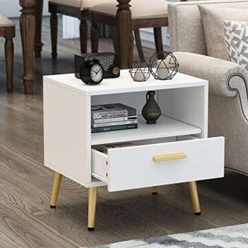 ECACAD Set of 2 Modern Nightstands with Drawer and Open Shelf, Bedside Table End Side Table with Gol...
