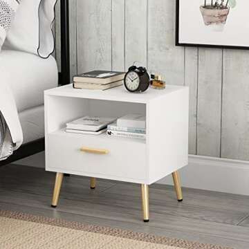 ECACAD Set of 2 Modern Nightstands with Drawer and Open Shelf, Bedside Table End Side Table with Gold Metal Legs for Bedroom, Living Room, White (19.5”L x 15.6”W x 20”H)