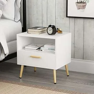 ECACAD Set of 2 Modern Nightstands with Drawer and Open Shelf, Bedside Table End Side Table with Gold Metal Legs for Bedroom, Living Room, White (19.5”L x 15.6”W x 20”H)