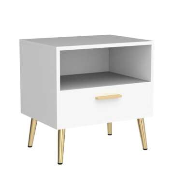 ECACAD Set of 2 Modern Nightstands with Drawer and Open Shelf, Bedside Table End Side Table with Gold Metal Legs for Bedroom, Living Room, White (19.5”L x 15.6”W x 20”H)