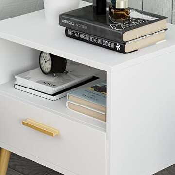 ECACAD Set of 2 Modern Nightstands with Drawer and Open Shelf, Bedside Table End Side Table with Gold Metal Legs for Bedroom, Living Room, White (19.5”L x 15.6”W x 20”H)