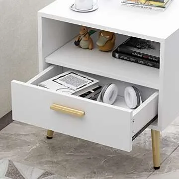 ECACAD Set of 2 Modern Nightstands with Drawer and Open Shelf, Bedside Table End Side Table with Gold Metal Legs for Bedroom, Living Room, White (19.5”L x 15.6”W x 20”H)