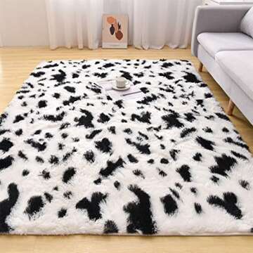 Aimuan Cow Print Area Rug Cute Fluffy Faux Cowhide Rug Super Soft Shaggy Carpets Tie-Dye Rugs for Living Room Bedroom Girls Kids Room Nursery Home Decor Non-Slip Mat (White-Black, 5x7)