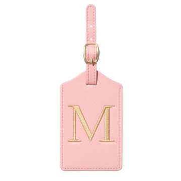 Initial Luggage Tag, PU Leather Luggage Tag, Embroidered Luggage Tag, Letter Luggage Tag, Monogrammed Luggage Tag, Luggage Tag for Baggage Bag Suitcase (M, Pink Leather+Champagne Gold Letter)