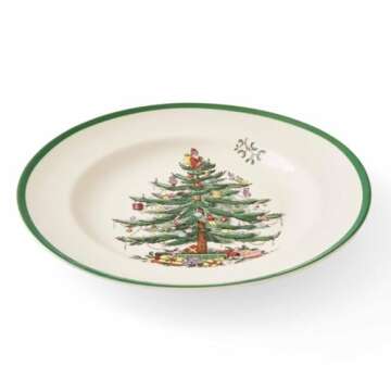 Spode Christmas Tree 10.5" Dinner Plate (Set of 4) - Festive Holiday Stoneware Plate with Christmas Tree & Green Borders, Microwave, Dishwasher, Freezer, Oven Safe - Collectible Holiday Tableware