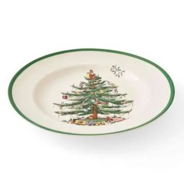 Spode Christmas Tree 10.5" Dinner Plate (Set of 4) - Festive Holiday Stoneware Plate with Christmas Tree & Green Borders, Microwave, Dishwasher, Freezer, Oven Safe - Collectible Holiday Tableware