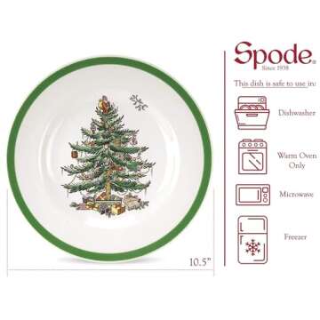 Spode Christmas Tree 10.5" Dinner Plate (Set of 4) - Festive Holiday Stoneware Plate with Christmas Tree & Green Borders, Microwave, Dishwasher, Freezer, Oven Safe - Collectible Holiday Tableware