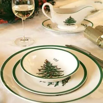 Spode Christmas Tree 10.5" Dinner Plate (Set of 4) - Festive Holiday Stoneware Plate with Christmas Tree & Green Borders, Microwave, Dishwasher, Freezer, Oven Safe - Collectible Holiday Tableware