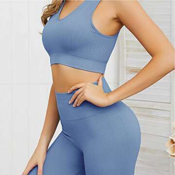 Jetjoy Women 2 PCS Workout Set Seamless Super Soft Material Deep V Neck Bra+Leggings Sports Suit Yoga Outfits