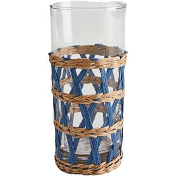 Tableau 4 Pack Rattan Glass Holder Set - Wicker Decor with 4 Dishwasher Safe Drinking Glasses, Rustic Rattan Decor Glass Holder for Indoors or Outdoors, Woven Glass Beverage Container, Candle Holder