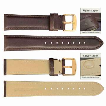 WOCCI 20mm Vintage Leather Watch Band for Men and Women, Gold Buckle (Dark Brown)