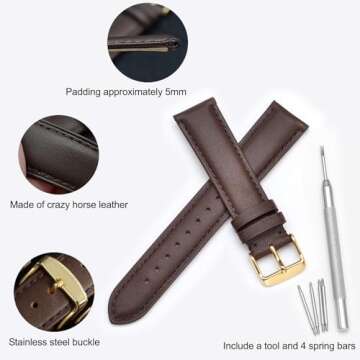 WOCCI 20mm Vintage Leather Watch Band for Men and Women, Gold Buckle (Dark Brown)