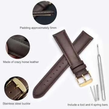 WOCCI 20mm Vintage Leather Watch Band for Men and Women, Gold Buckle (Dark Brown)