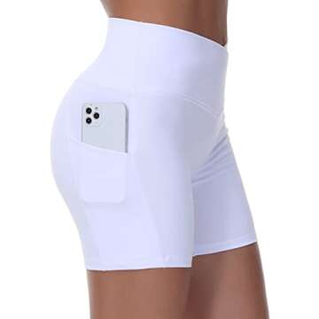 Women's Cross Waist Workout Shorts Tummy Control Spandex Athletic Biker Shorts with Deep Pockets White