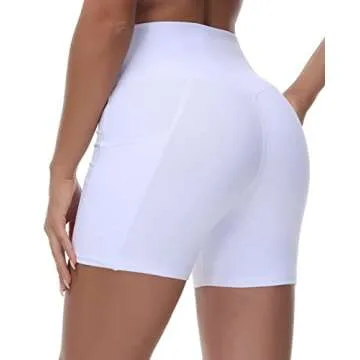 Women's Cross Waist Workout Shorts Tummy Control Spandex Athletic Biker Shorts with Deep Pockets White