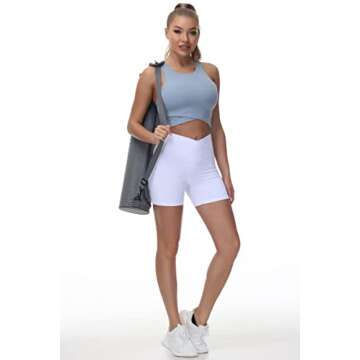 Women's Cross Waist Workout Shorts Tummy Control Spandex Athletic Biker Shorts with Deep Pockets White