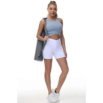 Women's Cross Waist Workout Shorts Tummy Control Spandex Athletic Biker Shorts with Deep Pockets White