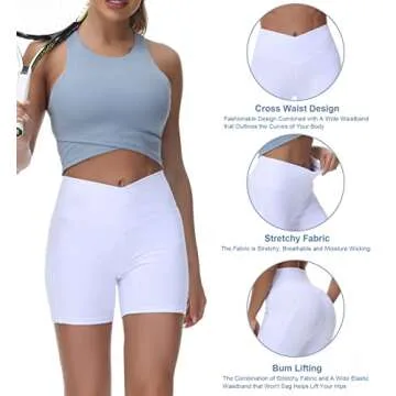 Women's Cross Waist Workout Shorts Tummy Control Spandex Athletic Biker Shorts with Deep Pockets White