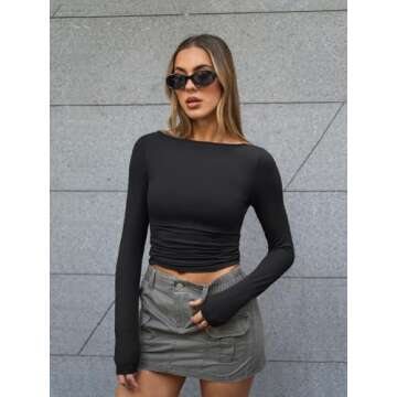 Trendy Queen Women's Boat Neck Long Sleeve Casual Tee