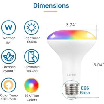 Linkind Matter Smart Light Bulb, BR30 Smart Bulbs, Recessed LED Color Changing Light Bulbs RGBTW, E26 Smart Flood Light Bulbs 650LM 60W Work with Alexa, Apple Home, Google Home, SmartThings, 4Pack