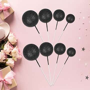 30Pcs Mini Balloon Cake Topper Glitter Foam Ball Cake Picks Decorations Faux Pearl Balls DIY Cake Insert Topper Baking Decoration for Baby Shower Wedding Anniversary Birthday Party Supplies Black
