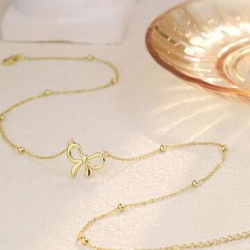 CAROVO Gold Bow Necklace 14K Dainty Choker Necklace Chunky Ball Bow Pendant Necklace Jewelry Gift for Women