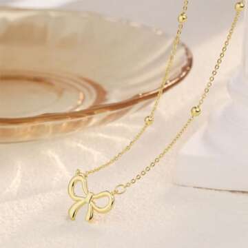 CAROVO Gold Bow Necklace 14K Dainty Choker Necklace Chunky Ball Bow Pendant Necklace Jewelry Gift for Women
