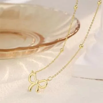 CAROVO Gold Bow Necklace 14K Dainty Choker Necklace Chunky Ball Bow Pendant Necklace Jewelry Gift for Women