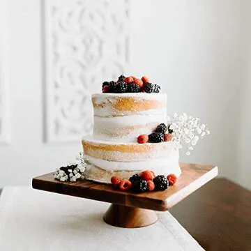 Villa Acacia Wood Cake Stand, 11 Inch Square Display with Wooden Pedestal, Small and Mini Cakes