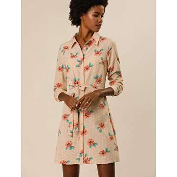 Allegra K Women's Button Down Vintage Polka Dots Dresses Collar Tie Belted Shirt Dress Medium Aprico...
