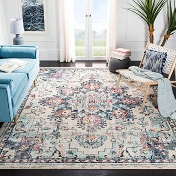 SAFAVIEH Madison Collection Area Rug - 8' x 10', Cream & Blue, Boho Chic Medallion Distressed Design...